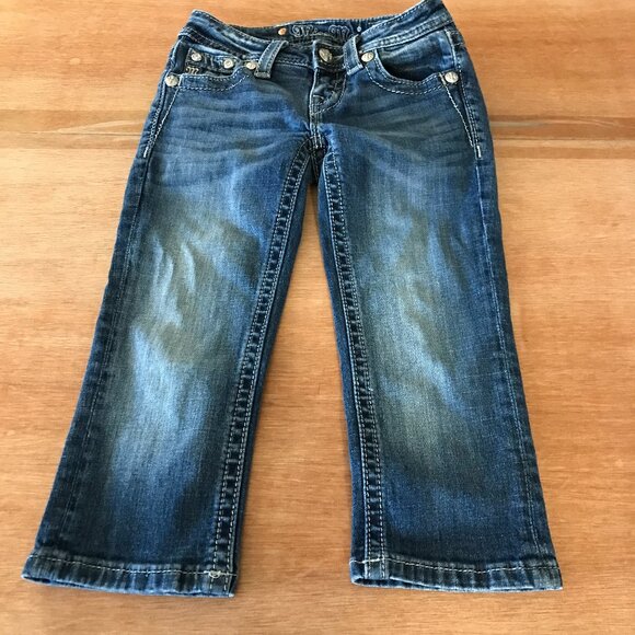 Miss Me Crop Jeans Girl 7 Blue Rhinestone Stretch Dark Wash Stretch 17640 - Picture 1 of 12